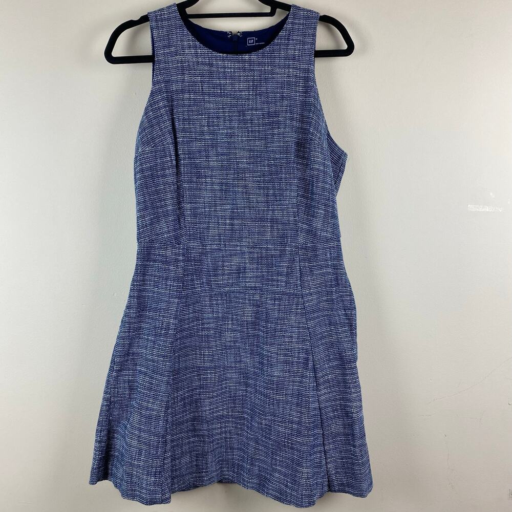 GAP Blue Tweed Fit & Flare Midi Dress Size 12 Twee Career Office Preppy Business